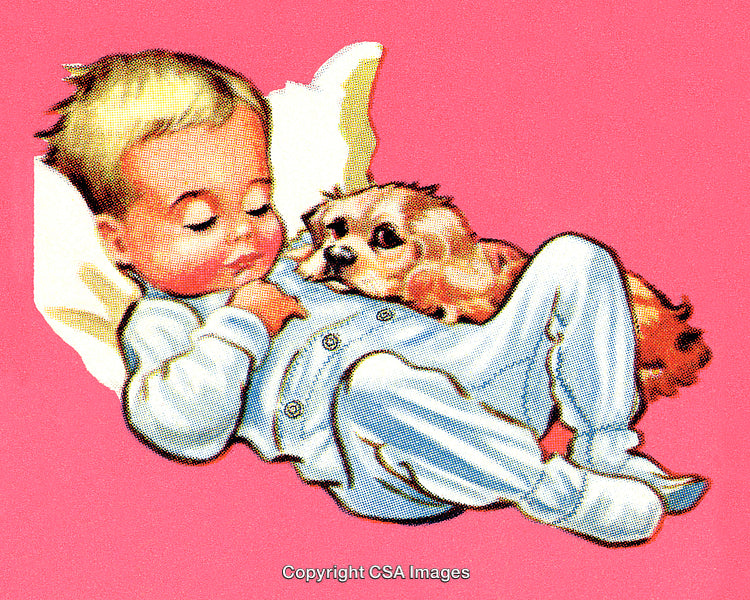 Vintage Illustration of Sleeping Baby and Puppy on a Pink Background