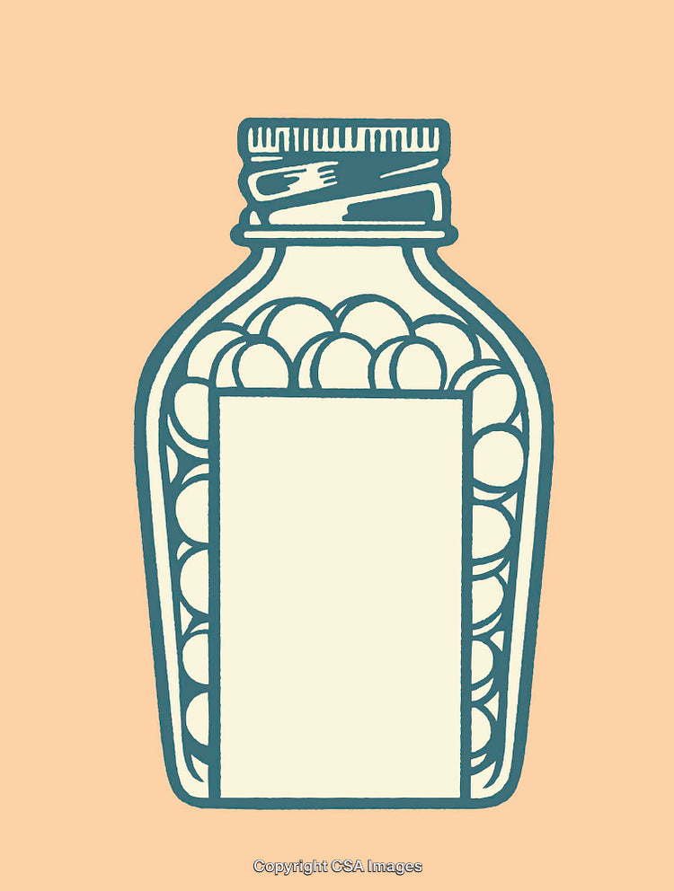 Stylized Line Art Illustration of a Bottle with Capsules Inside