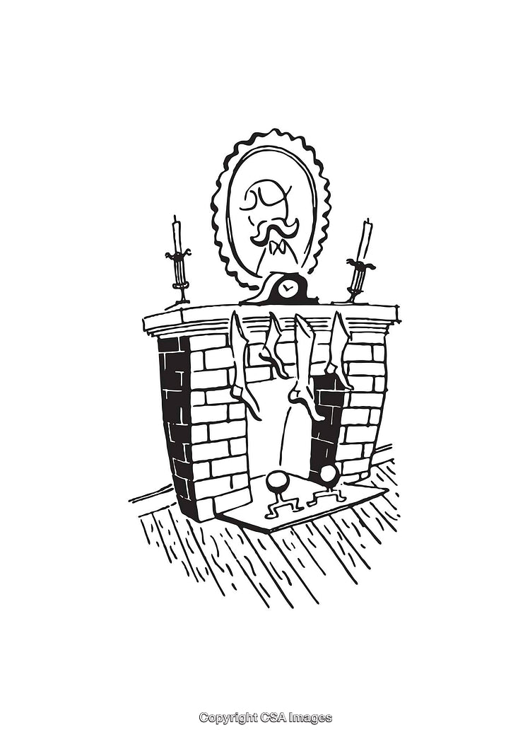 Black and White Line Art of a Fireplace with Decorative Items