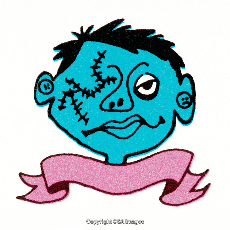 Creative Illustration of a Stitched Blue Face with Pink Ribbon
