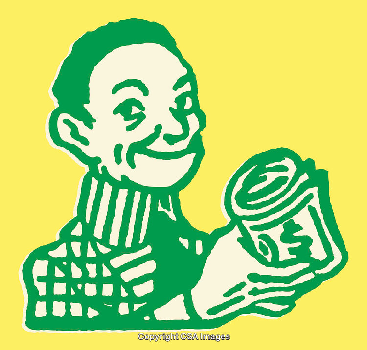 Retro Line Art Illustration of a Happy Man Holding a Rolled-Up Paper