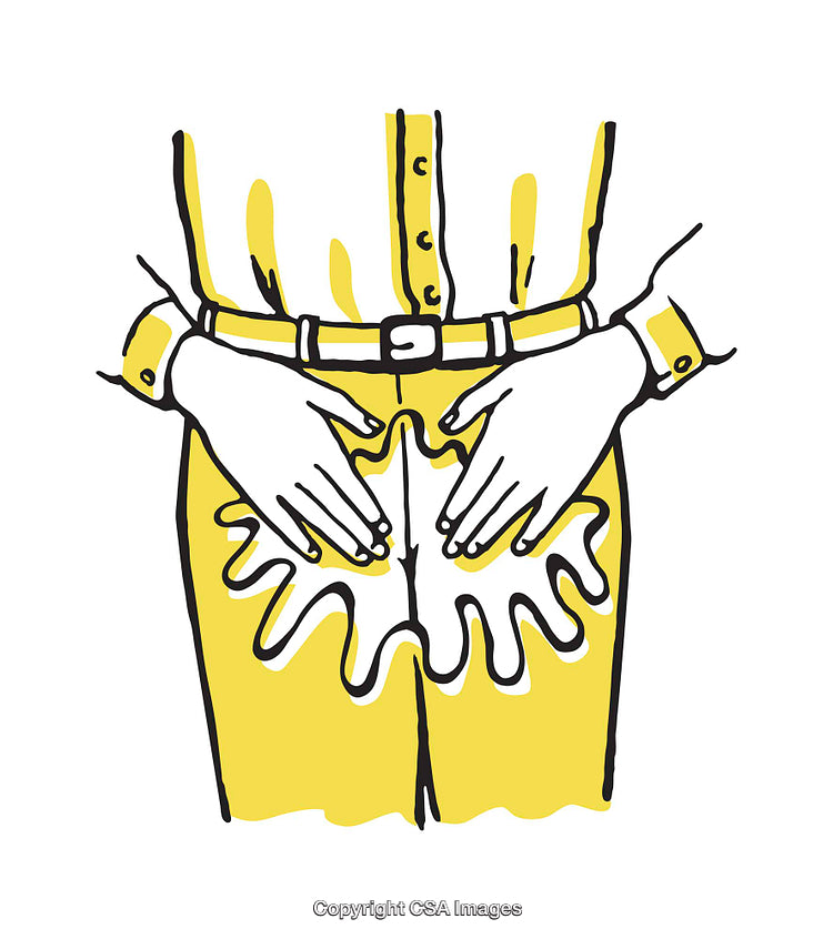 Illustration of Liquid Spill on Yellow Pants with Hand Gestures