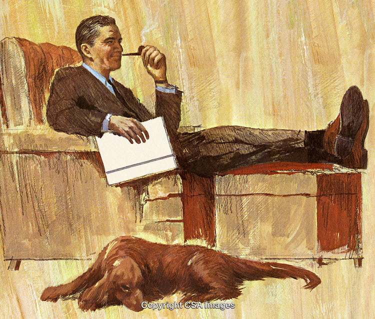 Businessman Relaxing with a Pipe and Dog in a Comfortable Setting