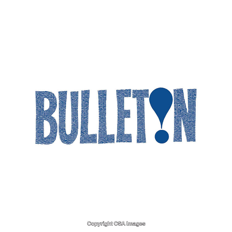 Bulletin Typographic Design Featuring Bold Blue Lettering and Exclamation Mark