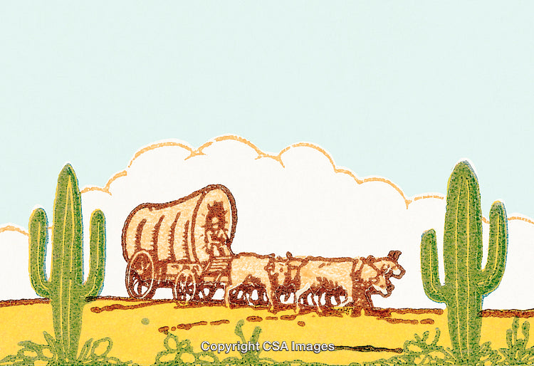 Vintage Illustration of a Pioneer Wagon in a Desert Landscape