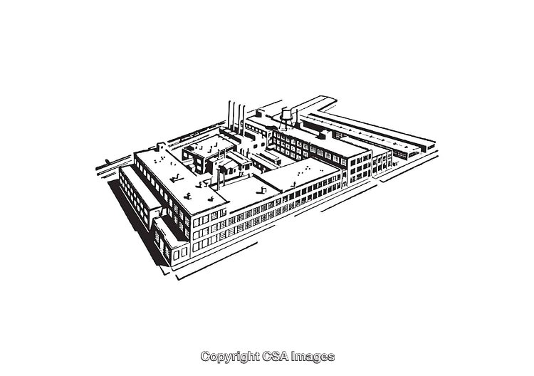 Black and White Line Art Illustration of an Industrial Factory Complex