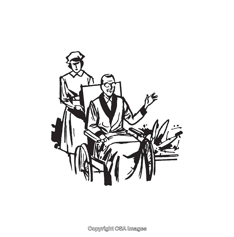 Black and White Line Art of a Caregiver and Wheelchair User