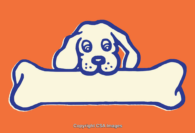 Playful Dog Illustration Holding a Blank Bone Shape on Orange Background
