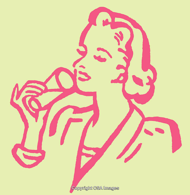Vintage Colored Line Art Woman Drinking Refreshing Beverage in Retro Style