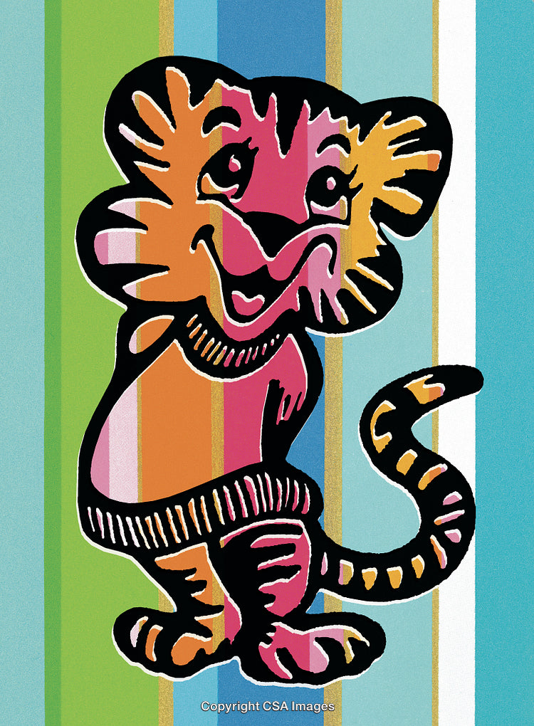 Colorful Cartoon Tiger Illustration on a Striped Background