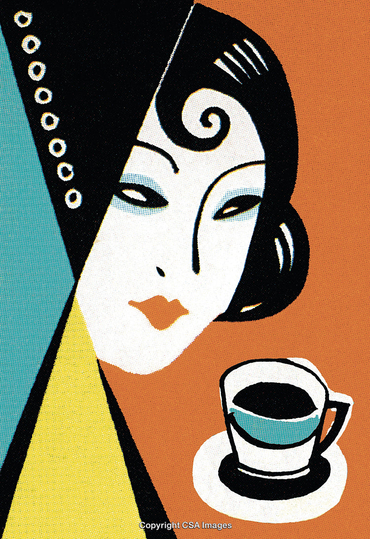 Stylized Vintage Illustration of a Woman Enjoying Coffee in Retro Style