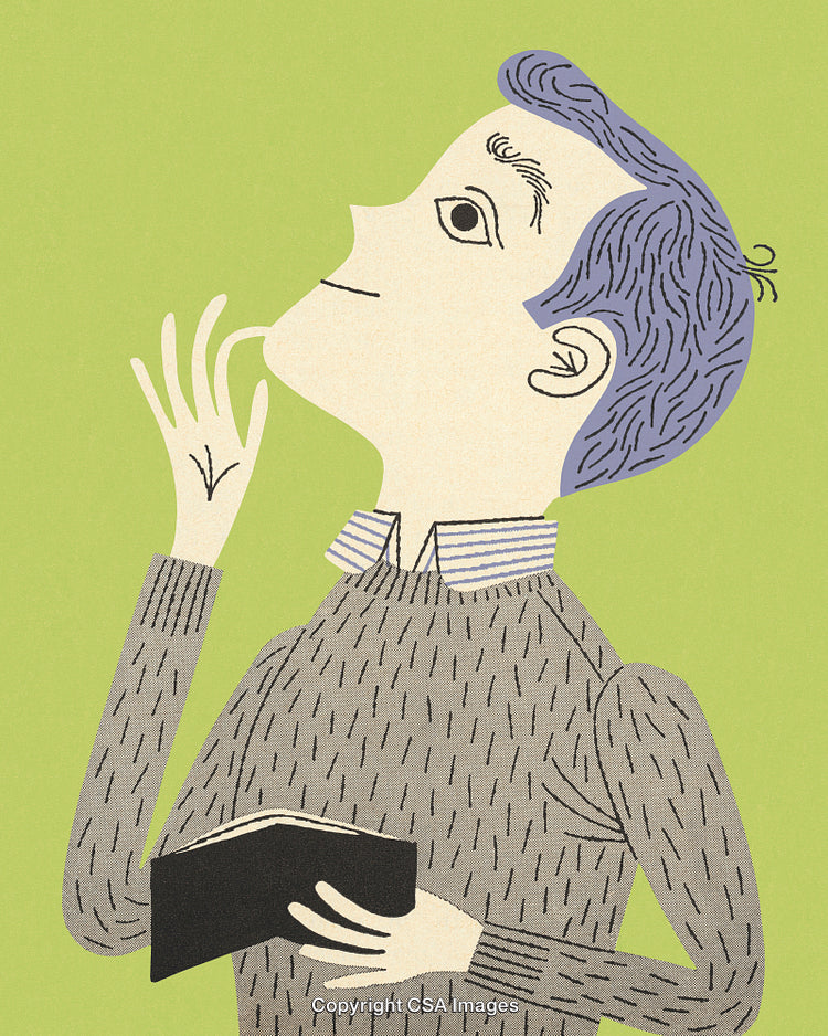 Illustrated Man Reading a Book and Deep in Thought on Green Background