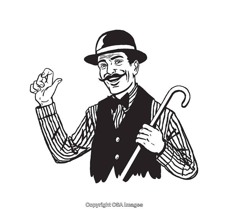 Line Art Illustration of a Smiling Gentleman Holding a Cane