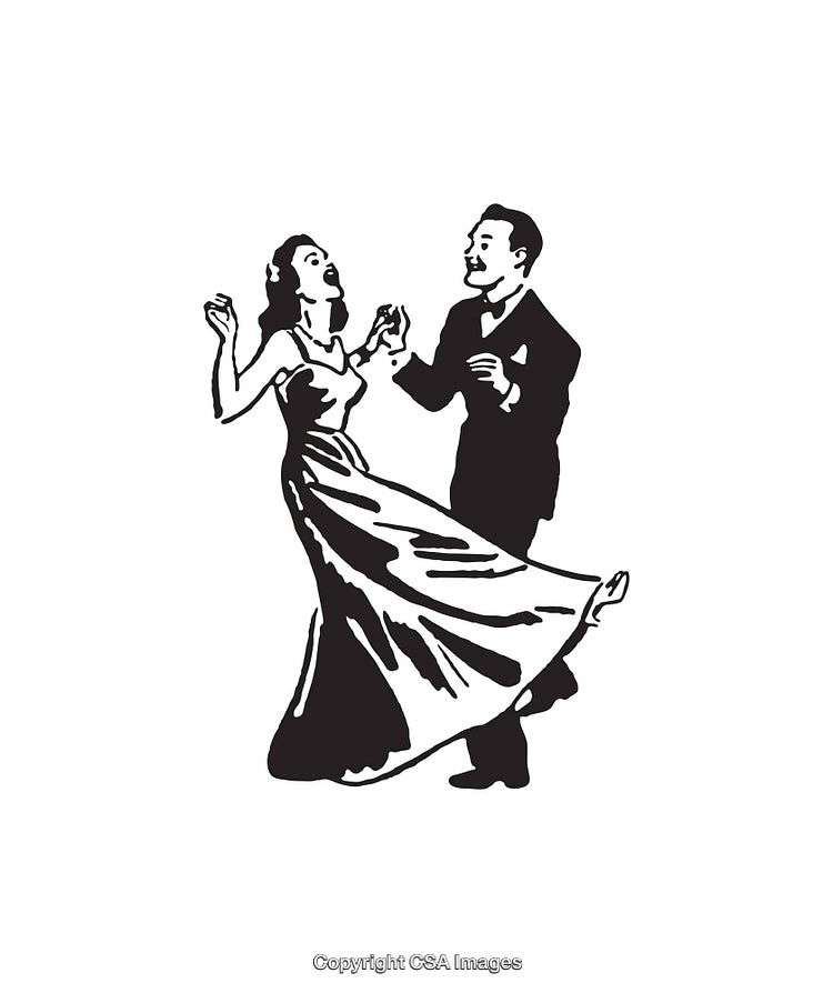 Black and White Line Art of a Couple Dancing Gracefully in Elegant Attire