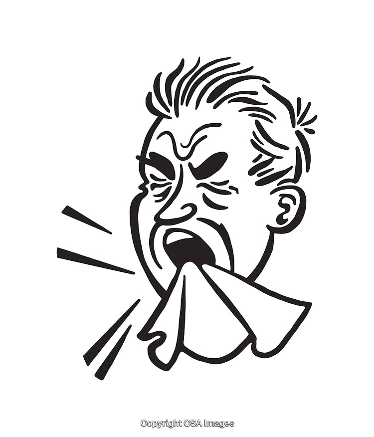 Black and White Illustration of Sneezing Character With Facial Expression