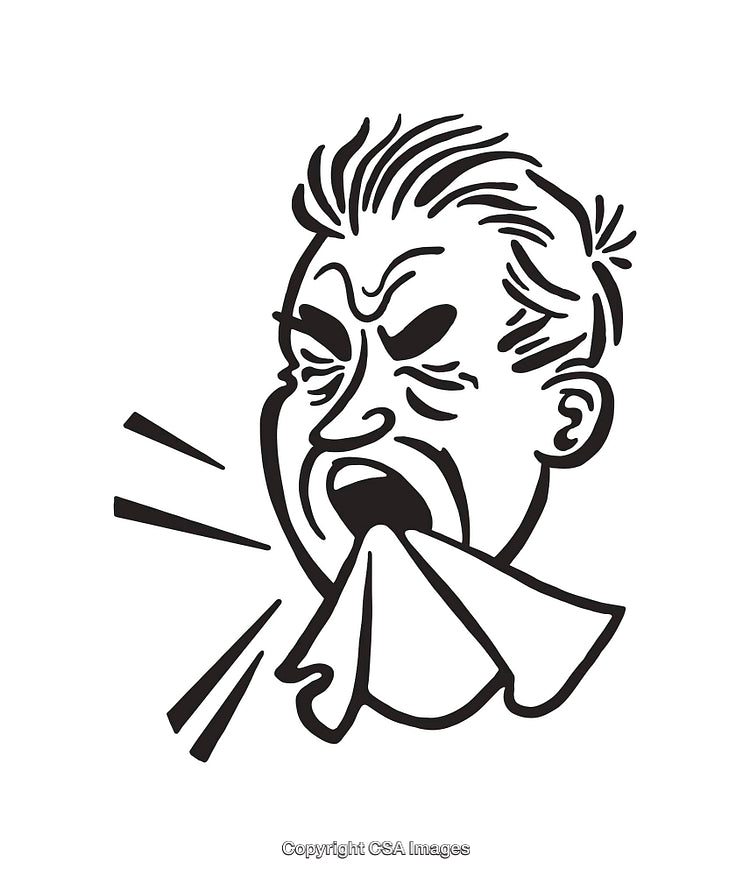 Black and White Illustration of Sneezing Character With Facial Expression
