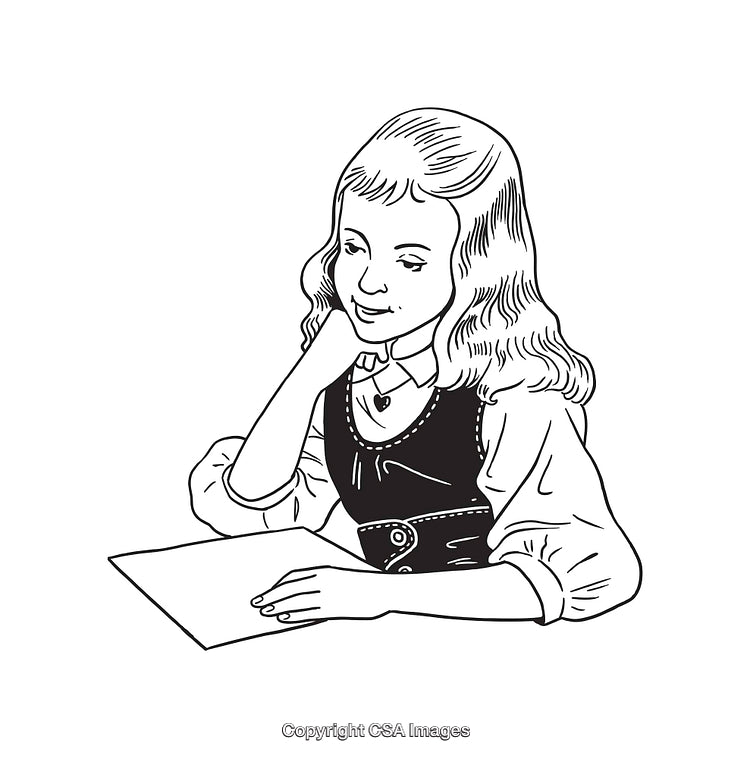 Black and White Line Drawing of a Girl Reading a Document