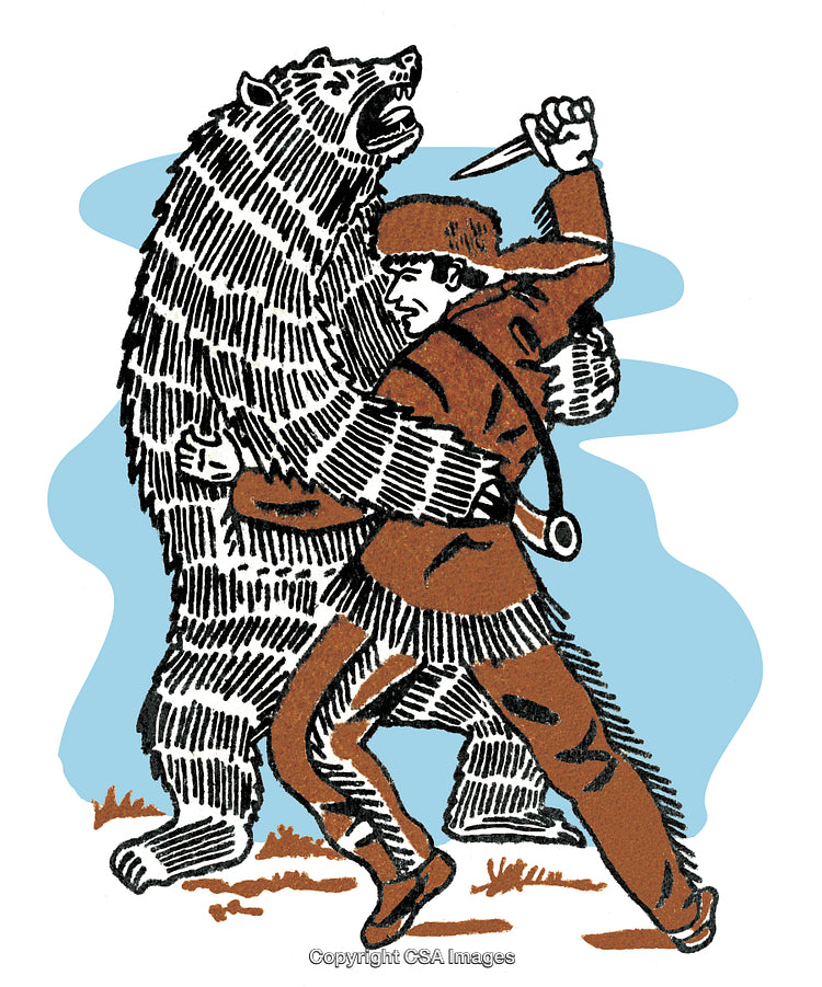 Frontiersman Battling a Bear with Knife in Intense Wilderness Survival Scene