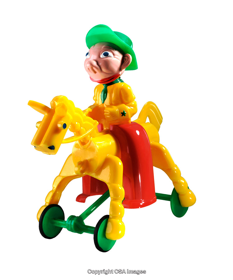 Colorful Plastic Cowboy Toy Riding a Horse with Wheels