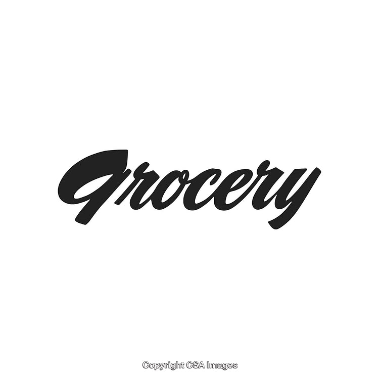 Stylized Script Text Spelling 'Grocery' Isolated on a Clean White Background