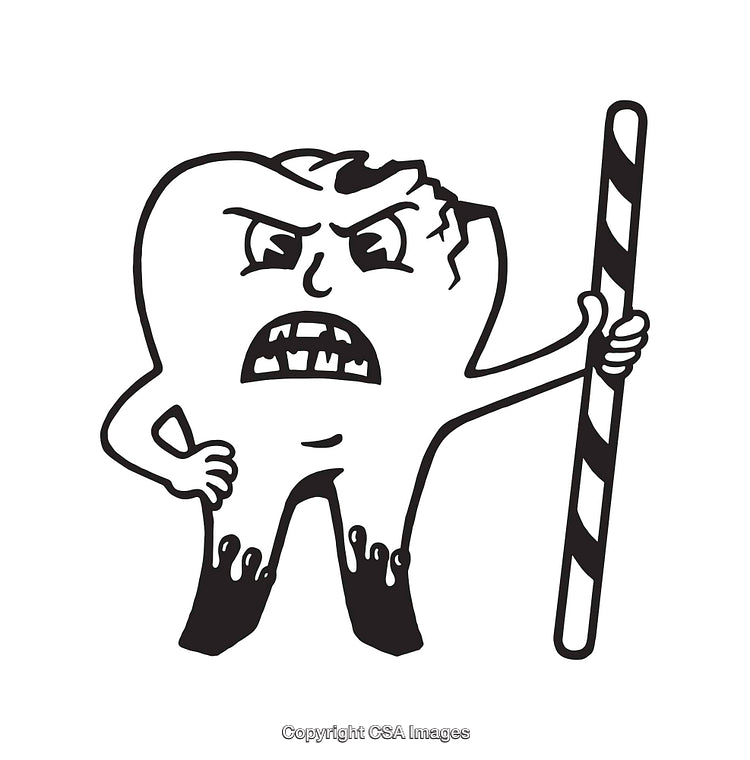 Illustration of Angry Tooth Cartoon Character Holding a Candy Cane
