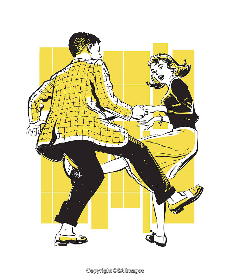 Retro Illustration of a Dancing Couple in Yellow and Black on White