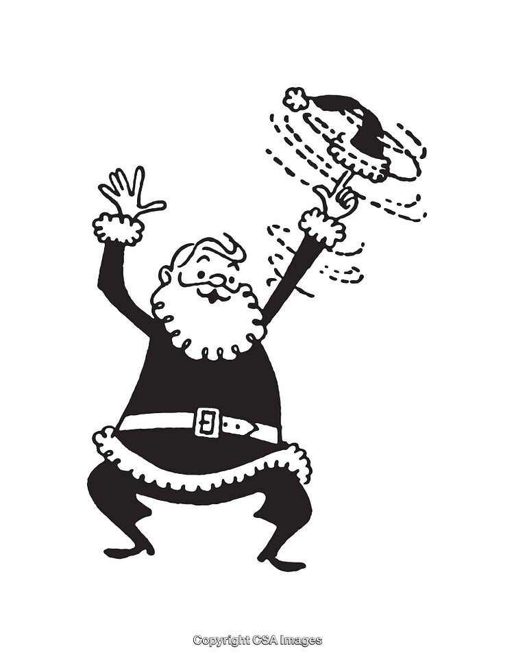 Playful Santa Claus Spinning Hat Black and White Cartoon Illustration