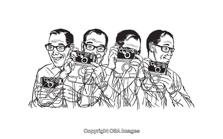 Black and White Illustration of A Person Holding and Using a Camera