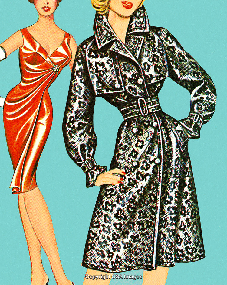 Retro Illustration of Stylish Fashion Models in Elegant Dresses and Coats