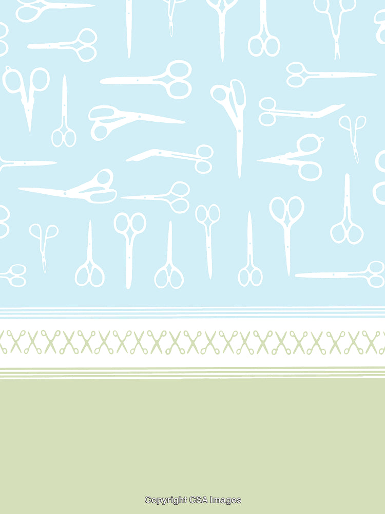 Seamless Pattern of Scissors on Blue and Green Background With Decorative Border