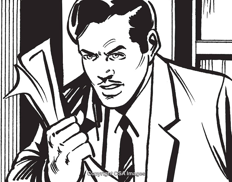 Retro Styled Detective Holding Papers in Black and White Art Illustration