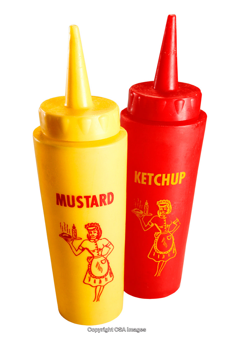 Colorful Mustard and Ketchup Dispenser Bottles with Retro Graphics