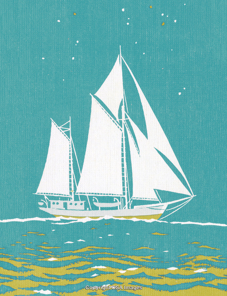 Vintage Artwork of a Sailboat on the Ocean Under a Starry Sky