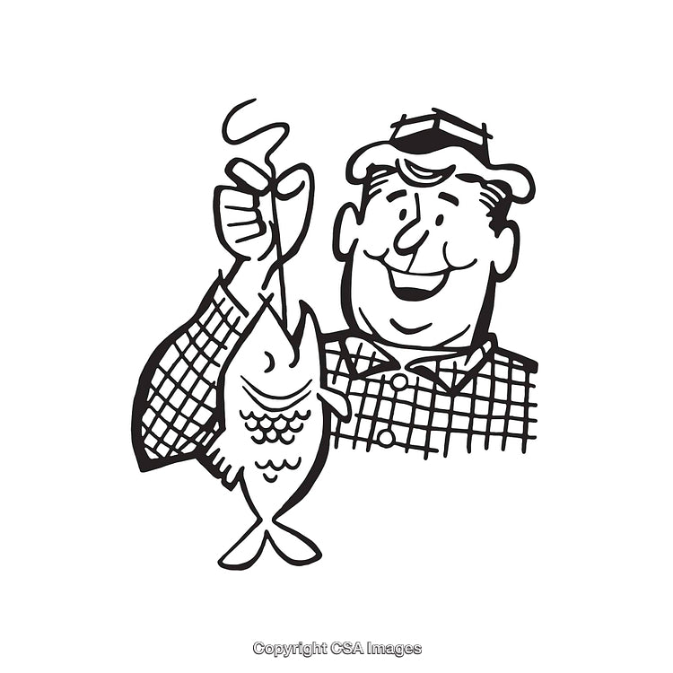Black and White Illustration of a Fisherman with a Caught Fish