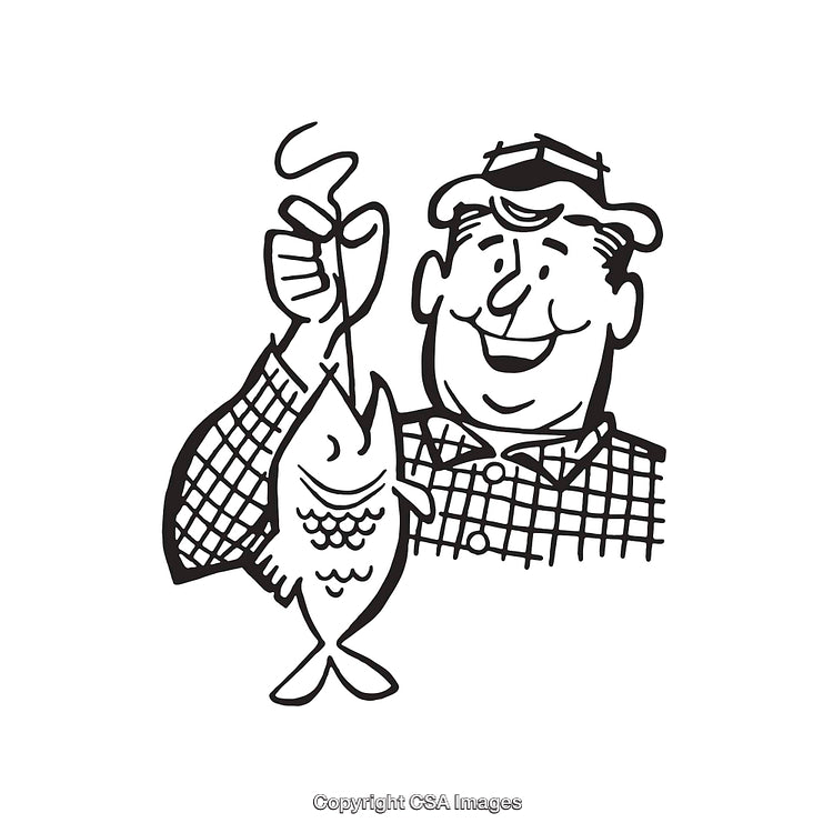 Black and White Illustration of a Fisherman with a Caught Fish