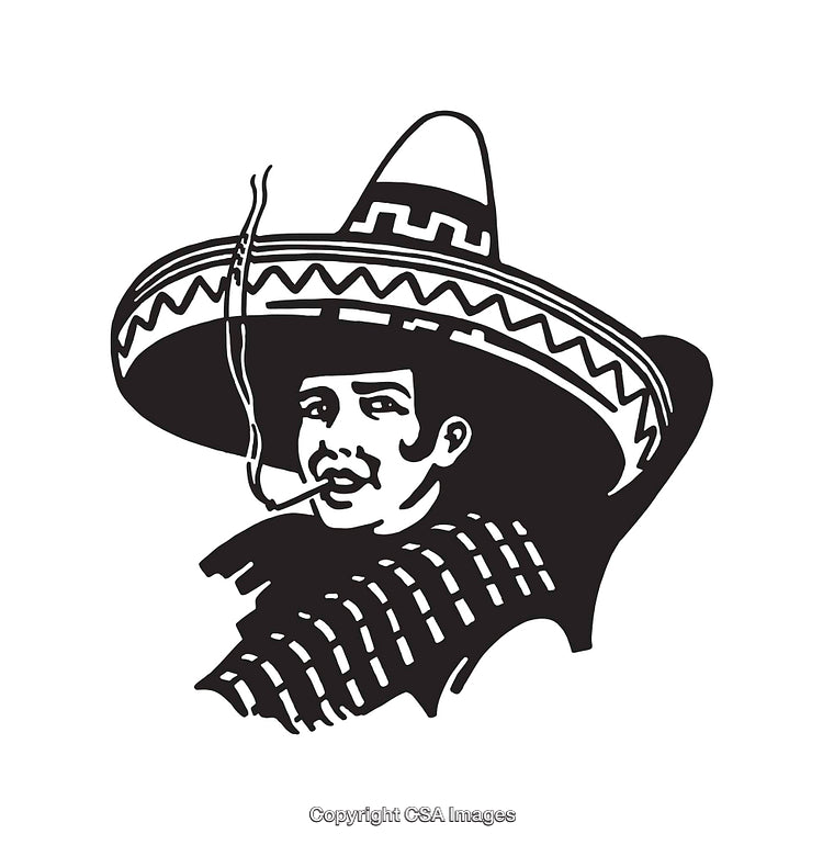 Black and White Illustration of a Sombrero-Wearing Character Smoking