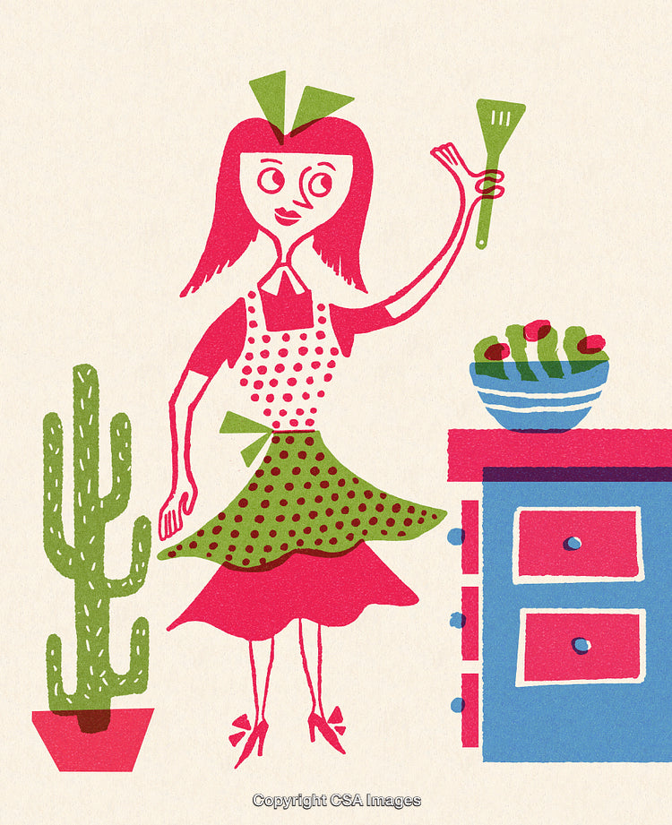 Retro Illustration of Woman Cooking in Kitchen with Cactus and Bowl