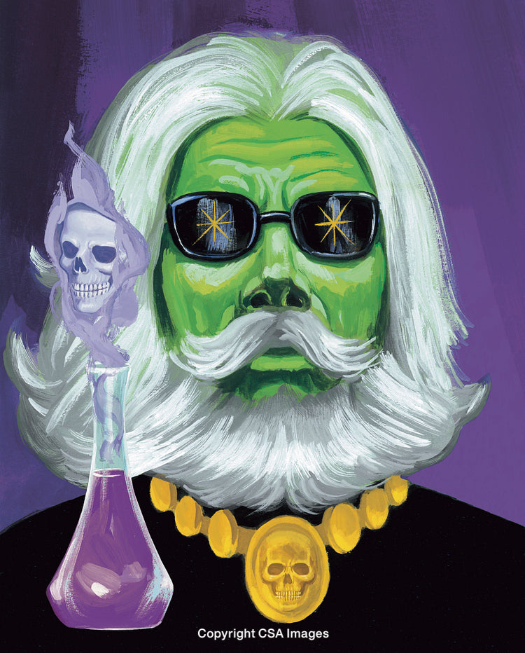 Creative Illustration Featuring a Green-Skinned Scientist with Eccentric Attributes