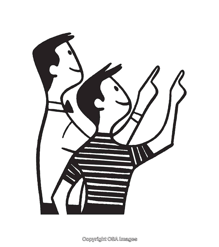 Black and White Illustration of Two Friends Pointing Forward
