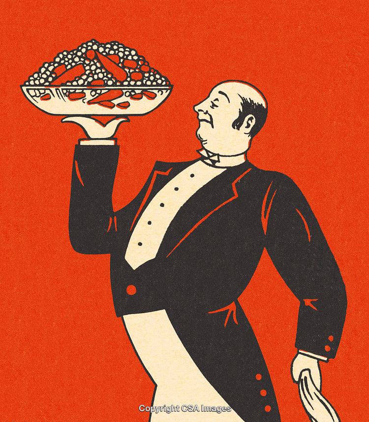 Vintage Illustration of a Waiter Serving Food With Elegance on Orange Background
