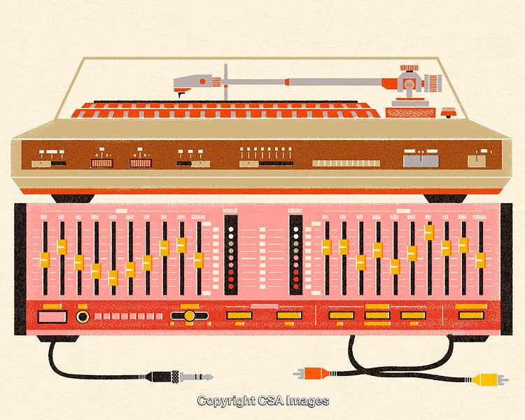 Retro Record Player and Mixer Illustrations with Vintage Audio Equipment