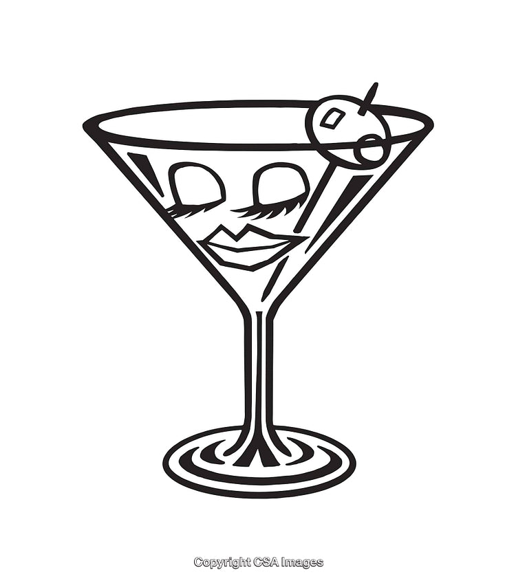 Black and White Line Art of Martini Glass with Face Illustration