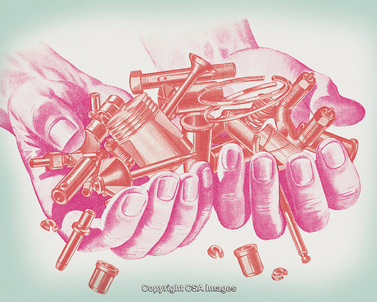 Hands Holding Assorted Parts and Bolts in Illustrative Artistic Style