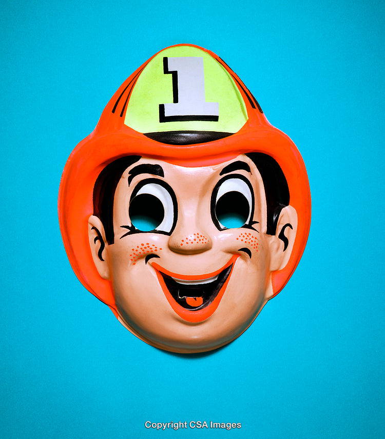 Colorful Firefighter-Themed Plastic Mask on a Bright Aqua Background