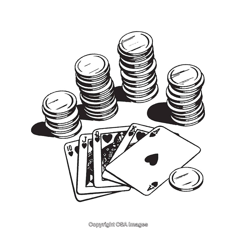 Black and White Line Art of Poker Chips and Playing Cards
