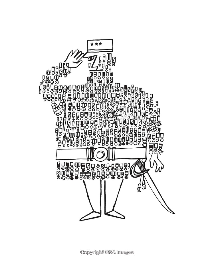 Black and White Line Art General with Medals Illustration