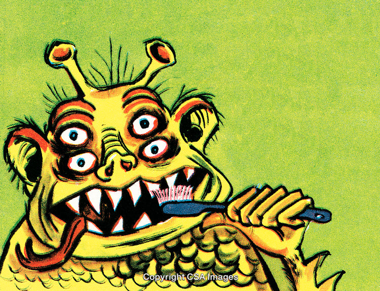 Colorful Illustration of an Alien Monster Brushing Its Teeth on a Green Background