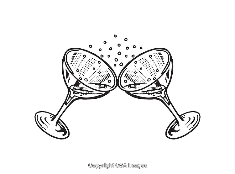 Vintage Line Art of Two Champagne Glasses Clinking Celebrating a Toast