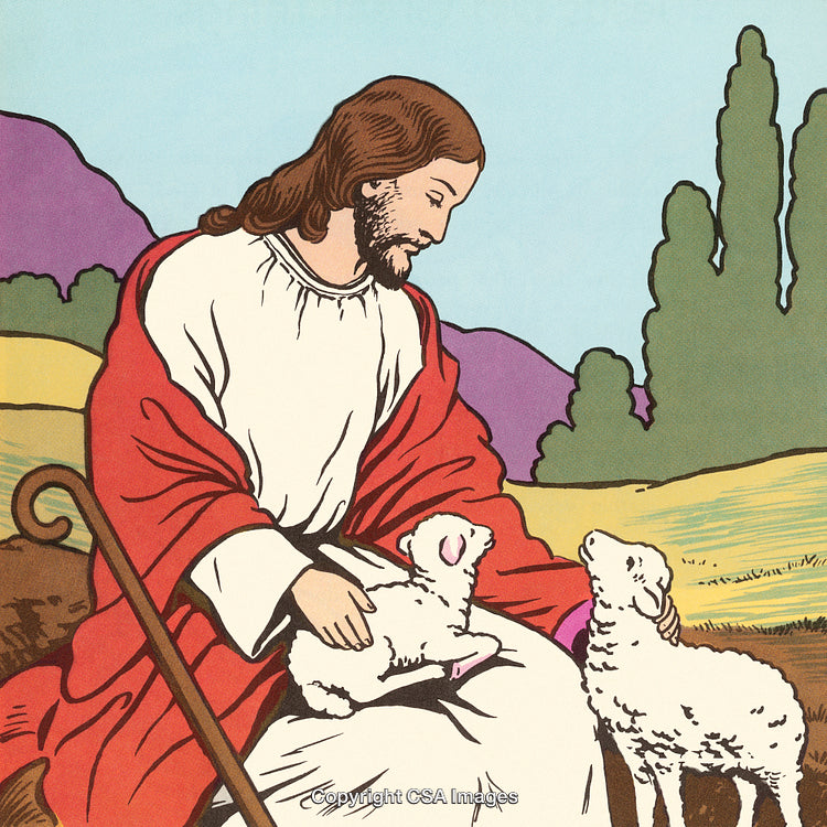 Illustration of a Shepherd with Lambs in a Serene Pastoral Setting