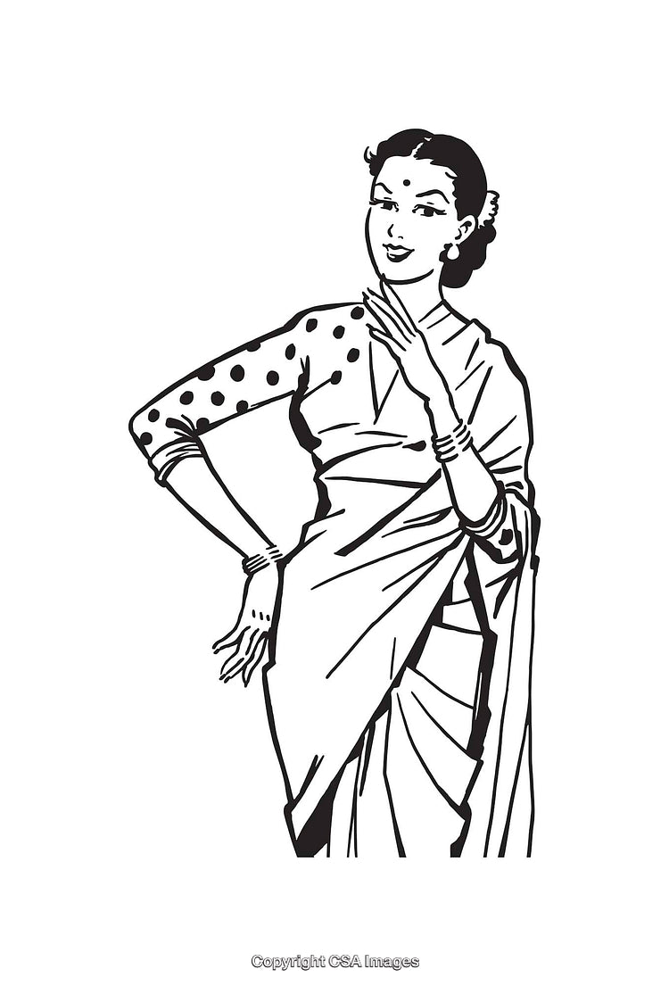 Vintage Black and White Illustration of a Woman in Traditional Attire